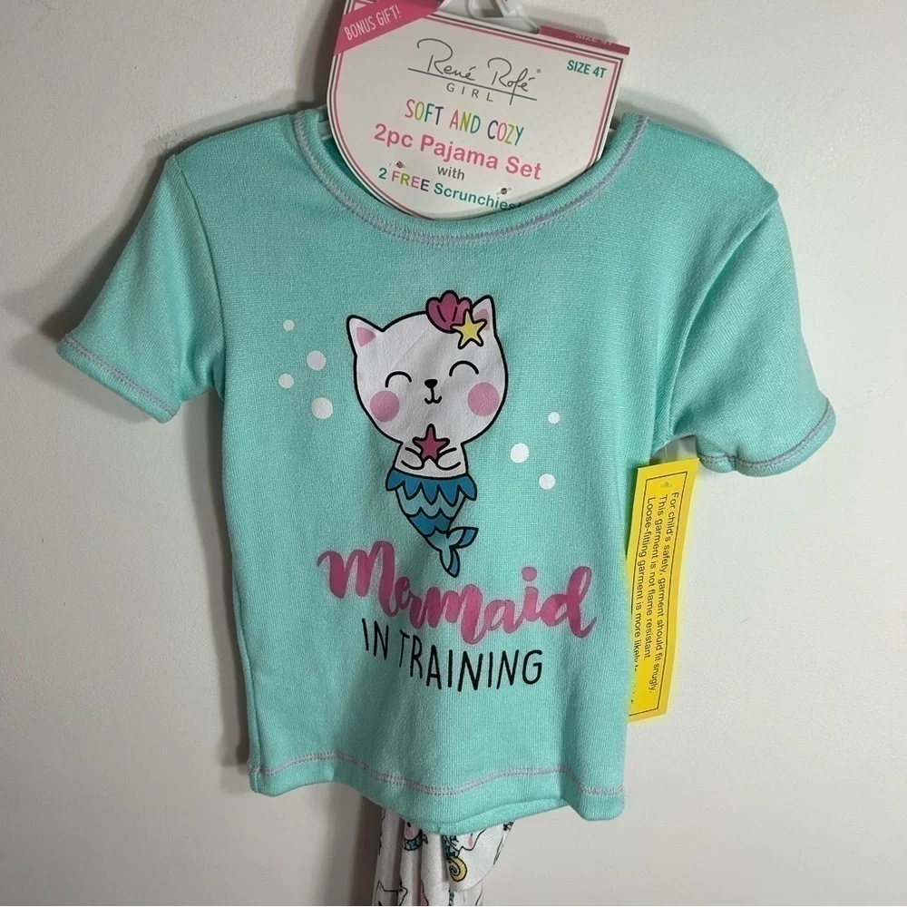 Mermaid in Training Cat Pajama Set NEW Rene Rofe Blue Pink 4T Girls
